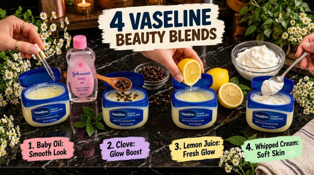 Four different beauty blends using Vaseline baby oil cloves lemon and whipped cream are shown in a grid layout Hands are