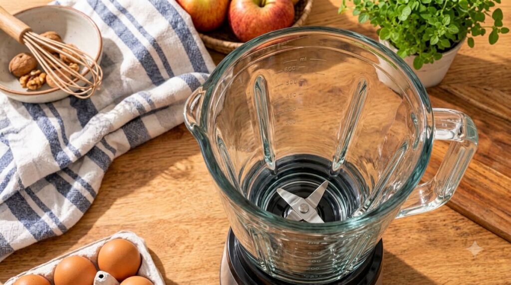 An overhead shot looking into a clear glass blender jar with metallic blades on a wooden countertop surrounded by kitche