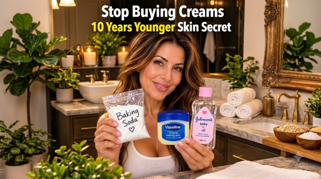 A smiling woman holding a clear plastic bag labeled Baking Soda a jar of Vaseline Original Healing Jelly and a bottle of