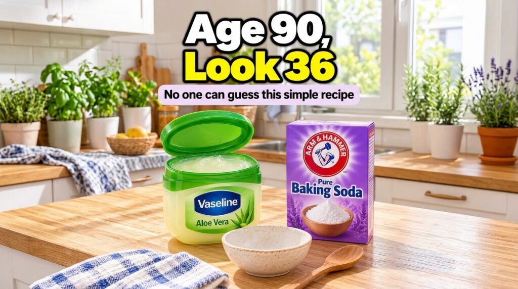 A still-life composition of an open tub of Vaseline Aloe Vera and a box of Arm Hammer Pure Baking Soda on a wooden kitch