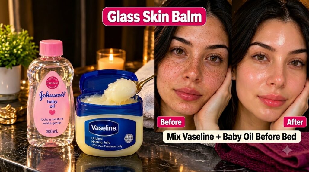 A Before After comparison of a woman s face showing dull skin with freckles on the left and smooth glowing glass skin on