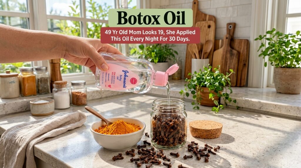 A hand pouring baby oil into a jar of cloves with turmeric powder in a bowl nearby on a natural countertop