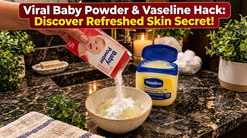 A close-up shot of a hand pouring baby powder from a red and white box into a bowl containing translucent Vaseline An op
