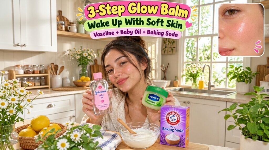A smiling woman holding bottles of Johnson s baby oil and Vaseline Aloe Vera with a bowl of DIY balm mixture a wooden sp