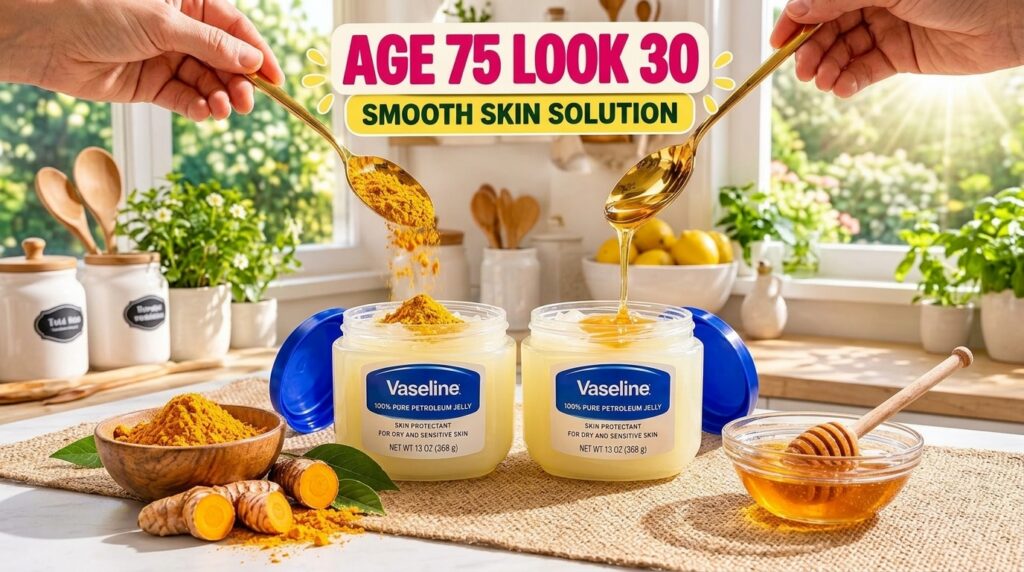A hand pouring golden turmeric powder into a jar of Vaseline next to another jar with honey being dripped into it Turmer