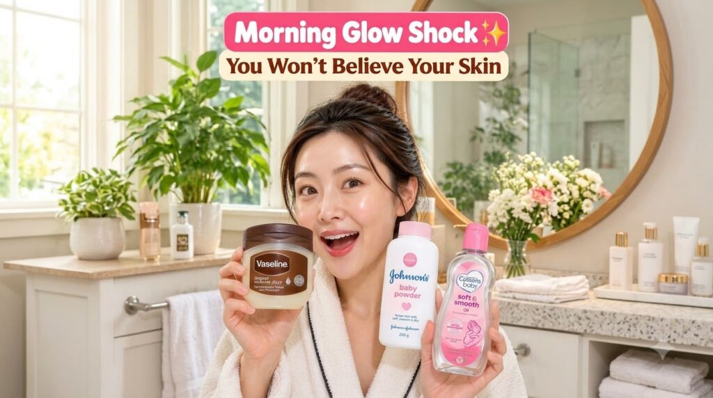 A smiling East Asian woman with a radiant morning glow complexion wearing a white bathrobe and holding Vaseline Original