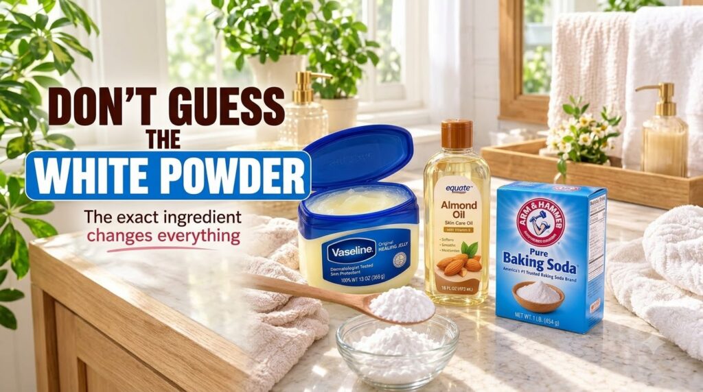 A clear glass bowl filled with fine white rice flour next to a wooden spoon holding a small amount of the powder In the