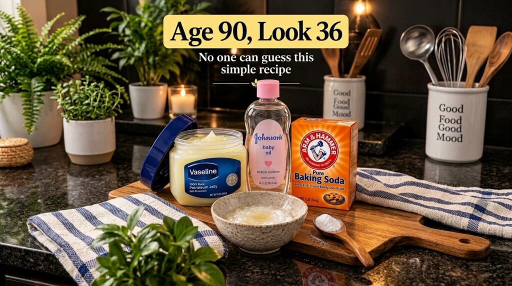 A flat lay of common household beauty products Vaseline Johnson s baby oil and Arm Hammer baking soda A ceramic bowl con