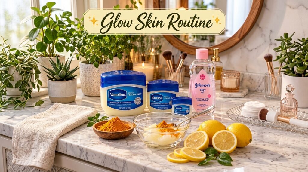 A Glow Skin Routine setup on a marble vanity featuring Vaseline Original Healing Jelly and Johnson s Baby Oil with a bow