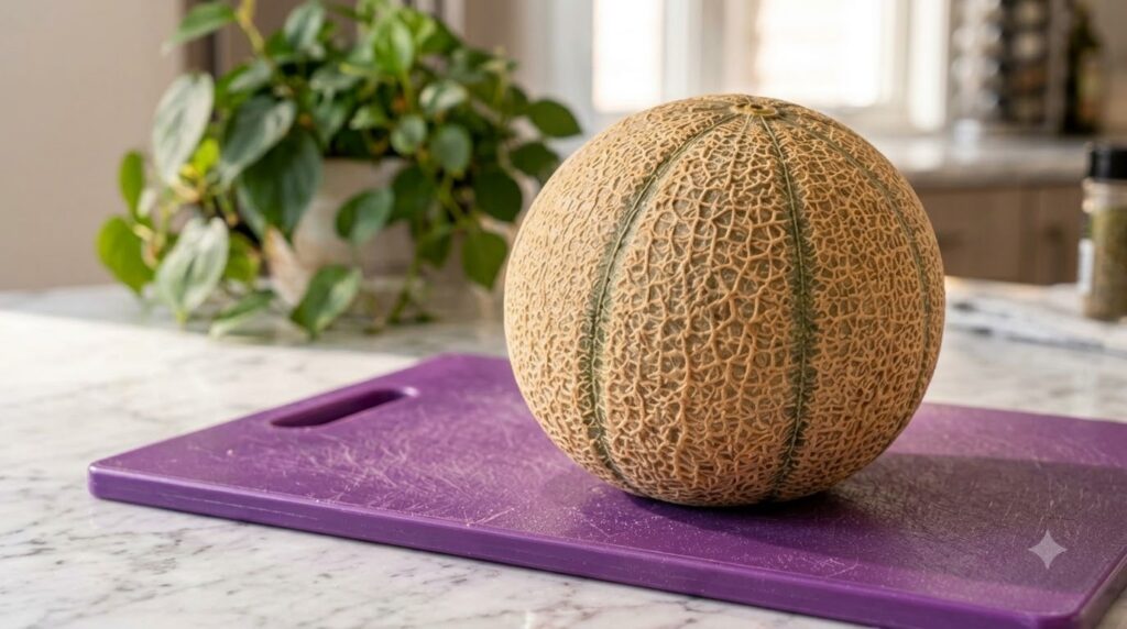 A halved cantaloupe melon with a spoon scooping out seeds and pulp illustrating the preparation for the drink Focus on t