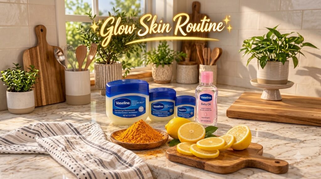 A bright sunlit kitchen counter with Vaseline products a mound of turmeric powder and fresh lemons with potted green pla
