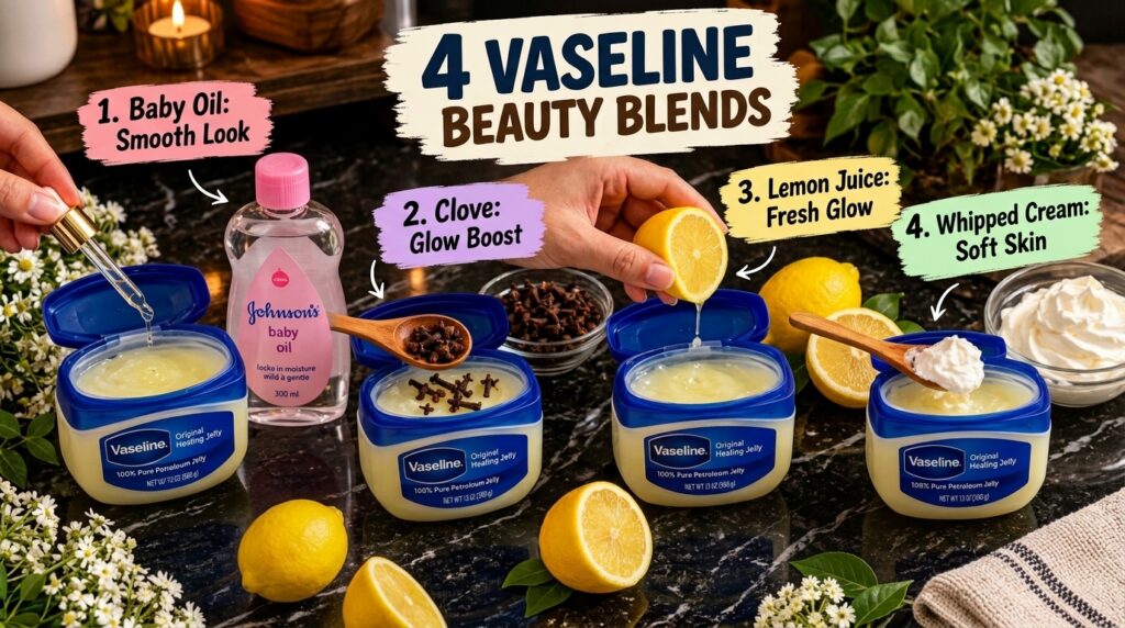Four distinct DIY beauty blends using Vaseline petroleum jelly arranged vertically Each section shows an open Vaseline j