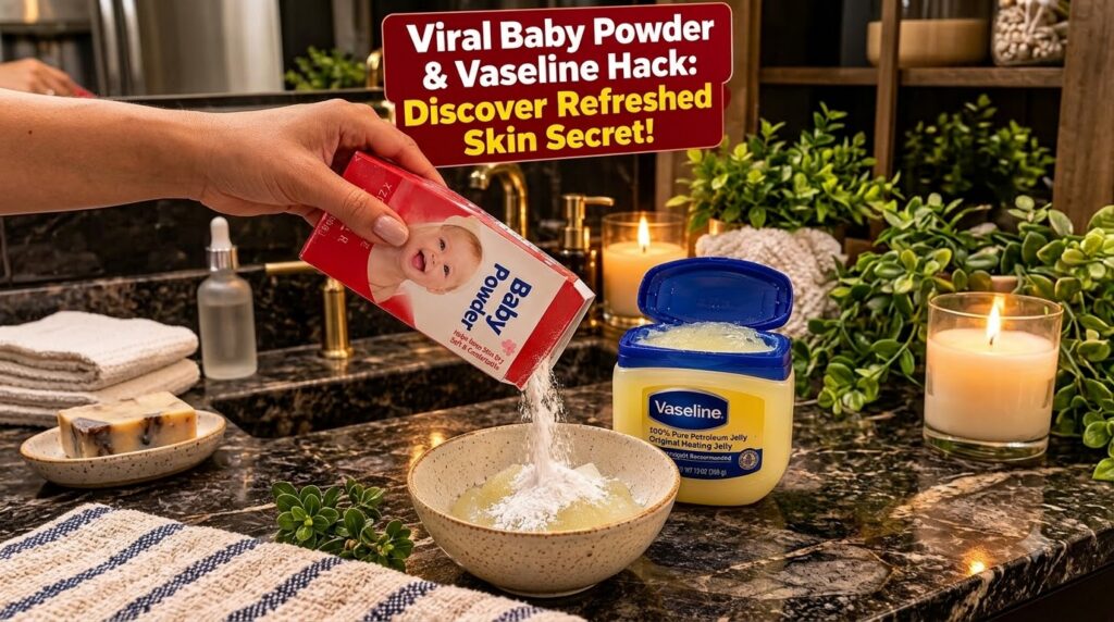A hand pouring white baby powder into a bowl containing a jelly-like substance with an open tub of Vaseline next to it o