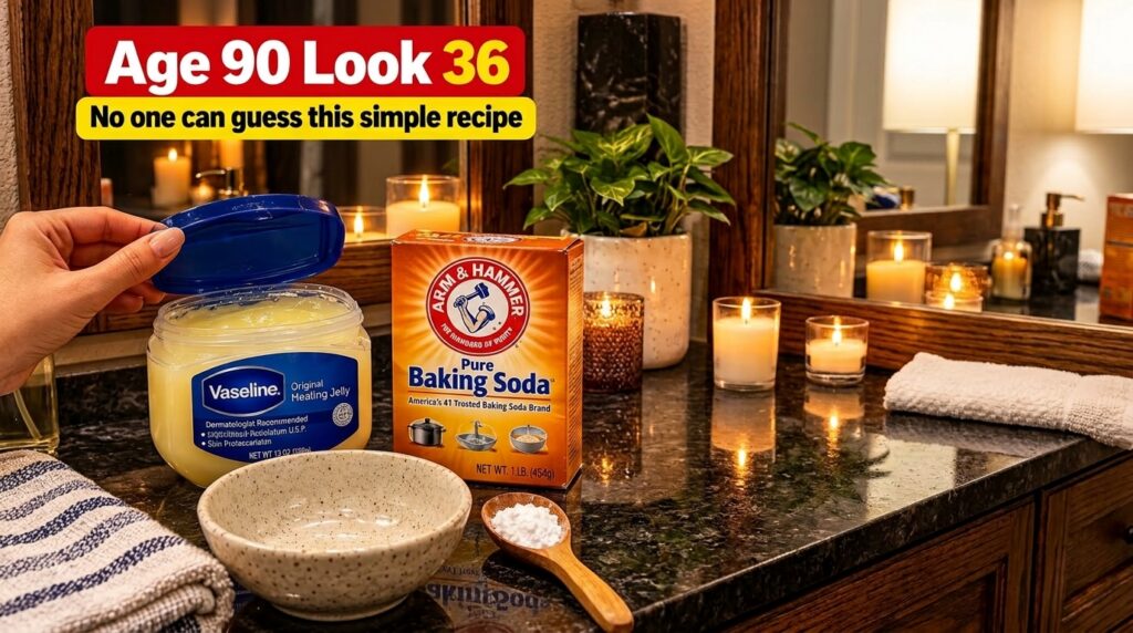 A close-up shot on a bathroom vanity showing a tub of Vaseline a box of baking soda an empty ceramic bowl and a wooden s