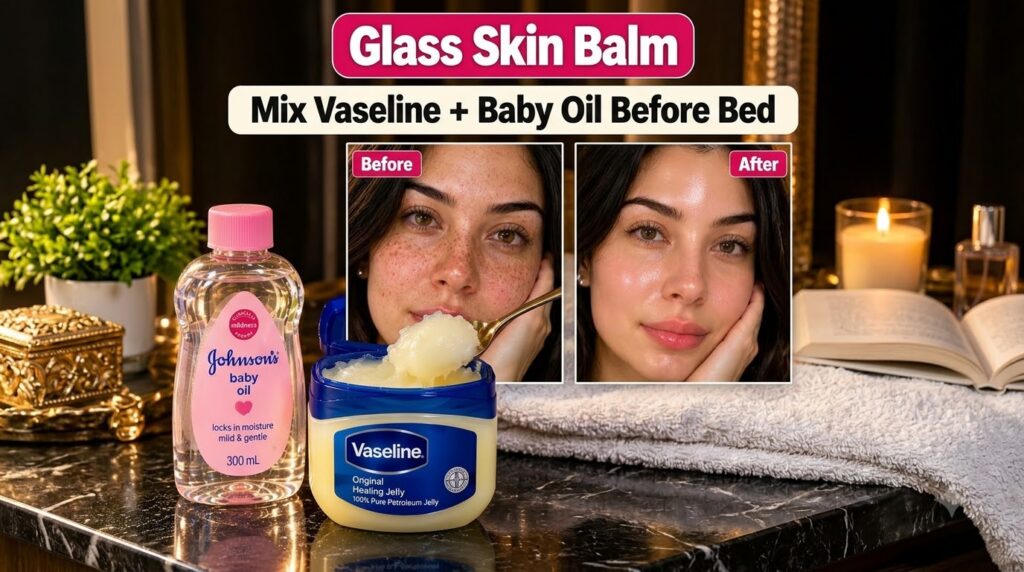 Before and after comparison of a woman s face showing a transformation from natural to dewy glass skin Below Johnson s b