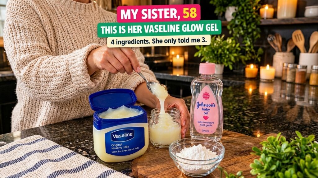 Hands preparing a homemade beauty product on a rustic wooden board showing a tub of Vaseline a bottle of baby oil and a