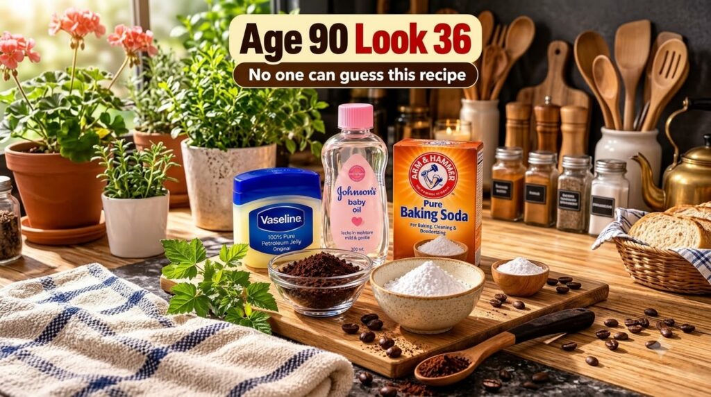 A flat lay of common household items and beauty products including Vaseline Johnson s Baby Oil baking soda and coffee gr