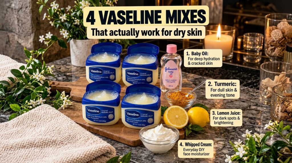 A clear product display showcasing four open jars of Vaseline accompanied by natural ingredients like Johnson s baby oil