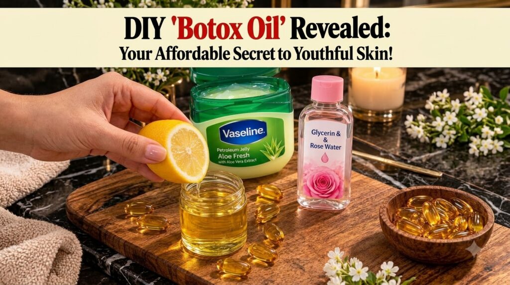 A hand squeezing lemon juice into a glass jar with other skincare ingredients like Vaseline glycerin rose water and soft