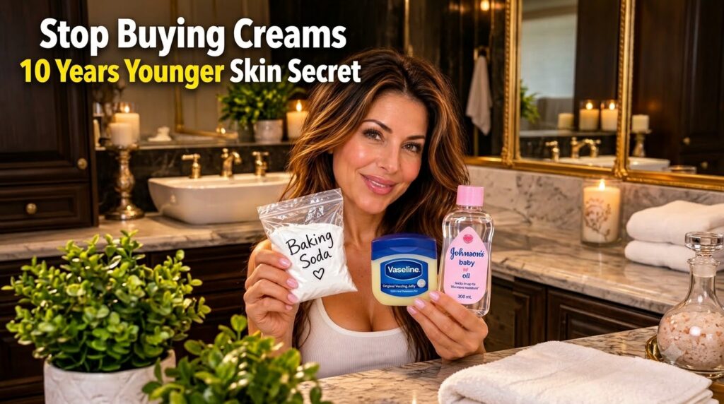 A smiling woman holding a bag of baking soda a tub of Vaseline and a bottle of baby oil in a warm bathroom setting