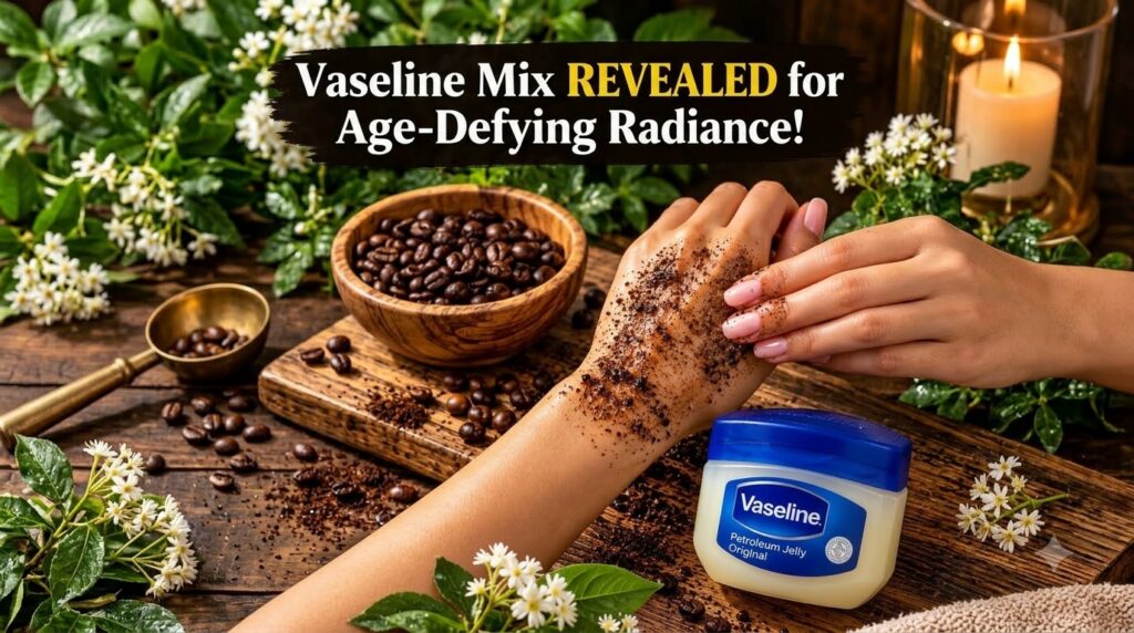 A person s hands applying a coffee scrub mixture including Vaseline to their forearm In the background there s a wooden 