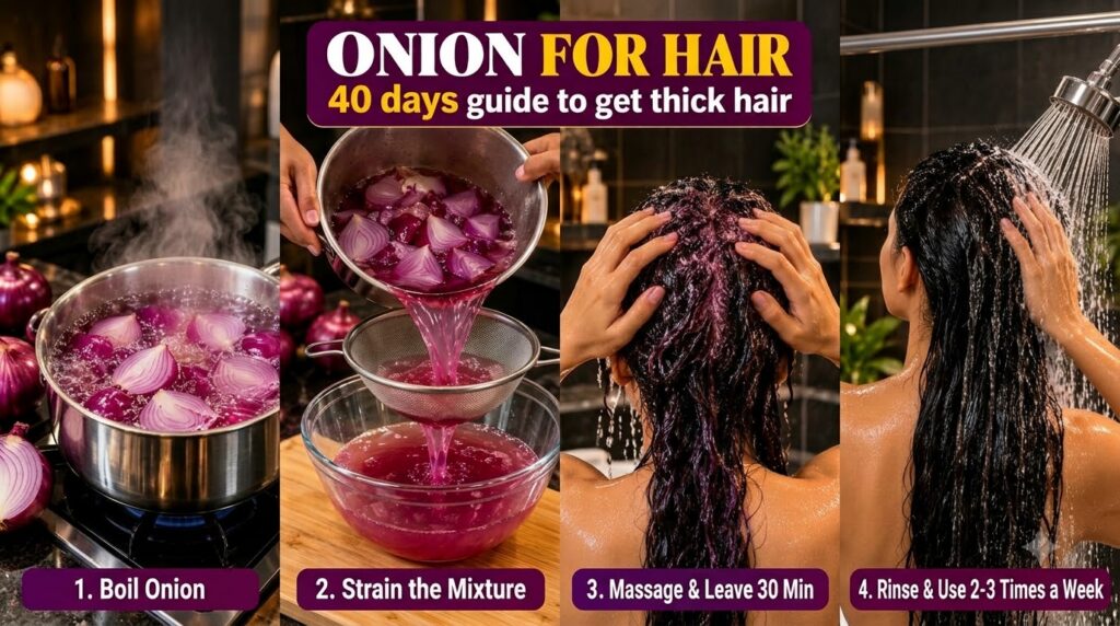 A four-panel infographic showing the steps to make and apply onion water for hair growth Panel 1 Red onion slices boilin