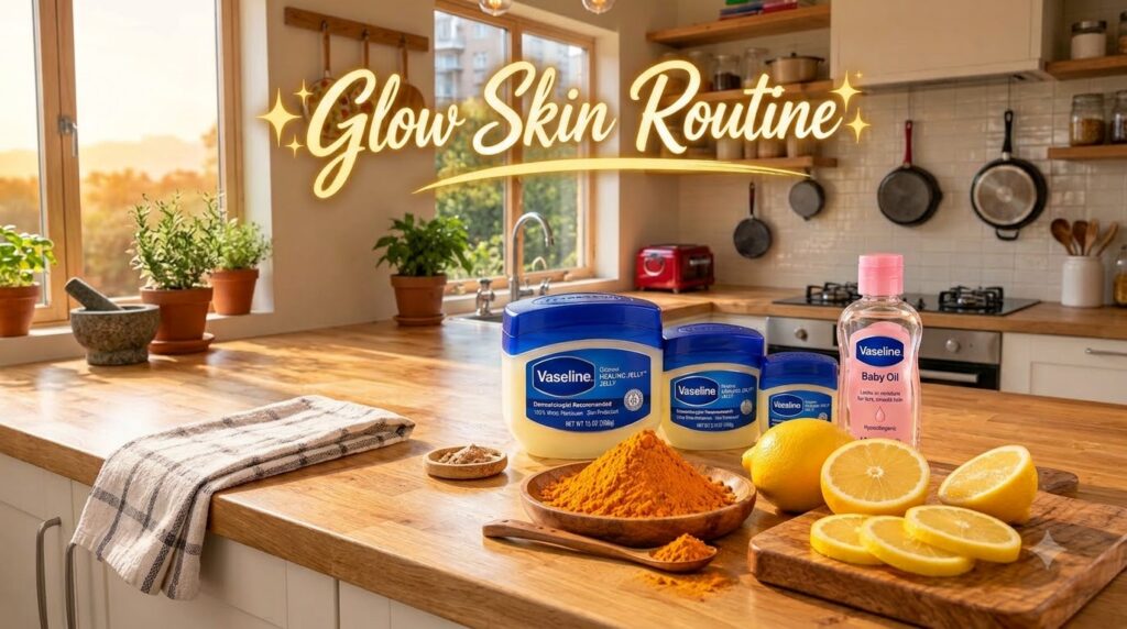 Various Vaseline products Healing Jelly Baby Oil turmeric powder in a bowl whole and sliced lemons all arranged on a woo