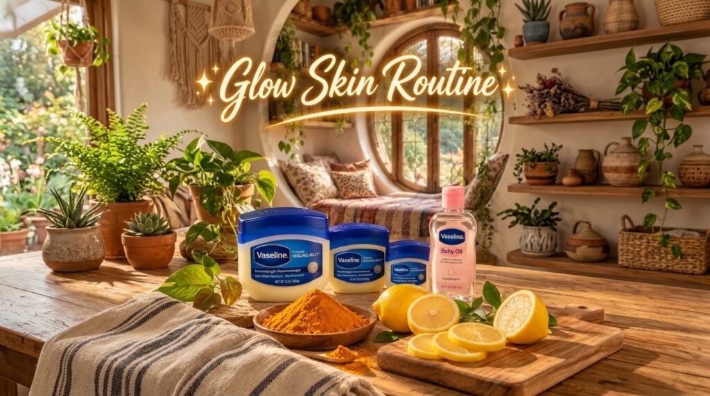 Various Vaseline products healing jelly tubs and baby oil on a wooden table with natural ingredients like turmeric powde