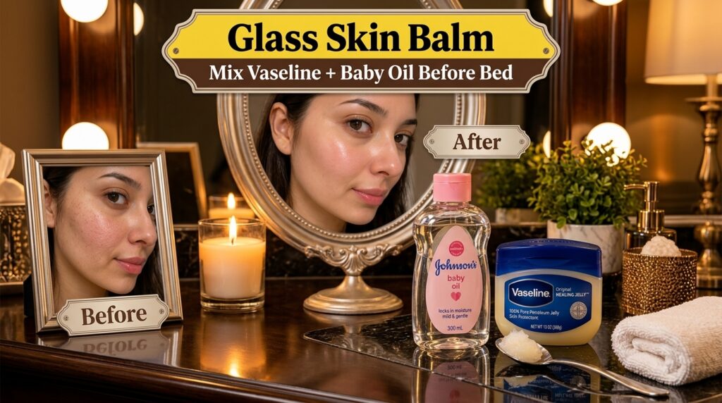 Split image showing Before and After of a woman s face with glass skin and below Johnson s Baby Oil and Vaseline on a re