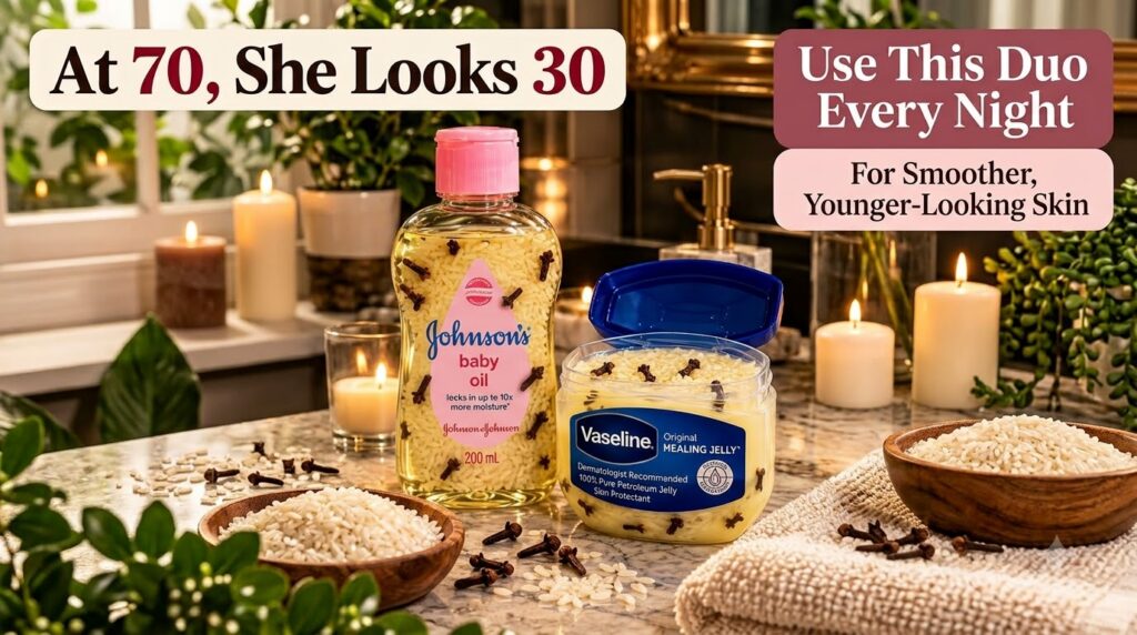 A Johnson s baby oil bottle and a Vaseline Original Healing Jelly tub both filled with rice grains and cloves are displa