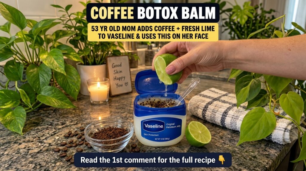 A hand squeezing a fresh lime into a mixture of Vaseline and coffee grounds in a small bowl on a kitchen counter with a 