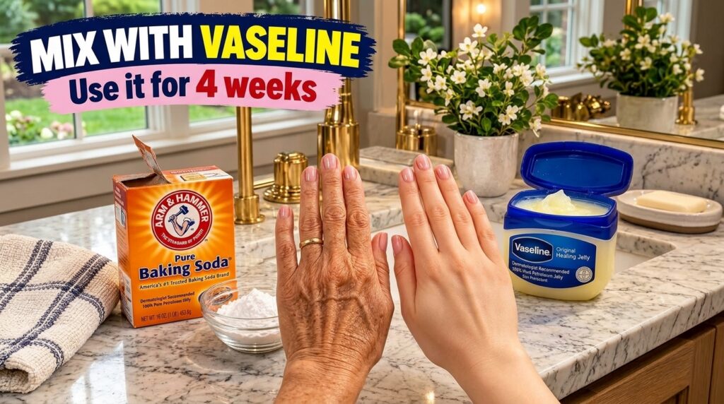 Two hands one older and one younger resting on a marble countertop with a tub of Vaseline a box of baking soda and a sma