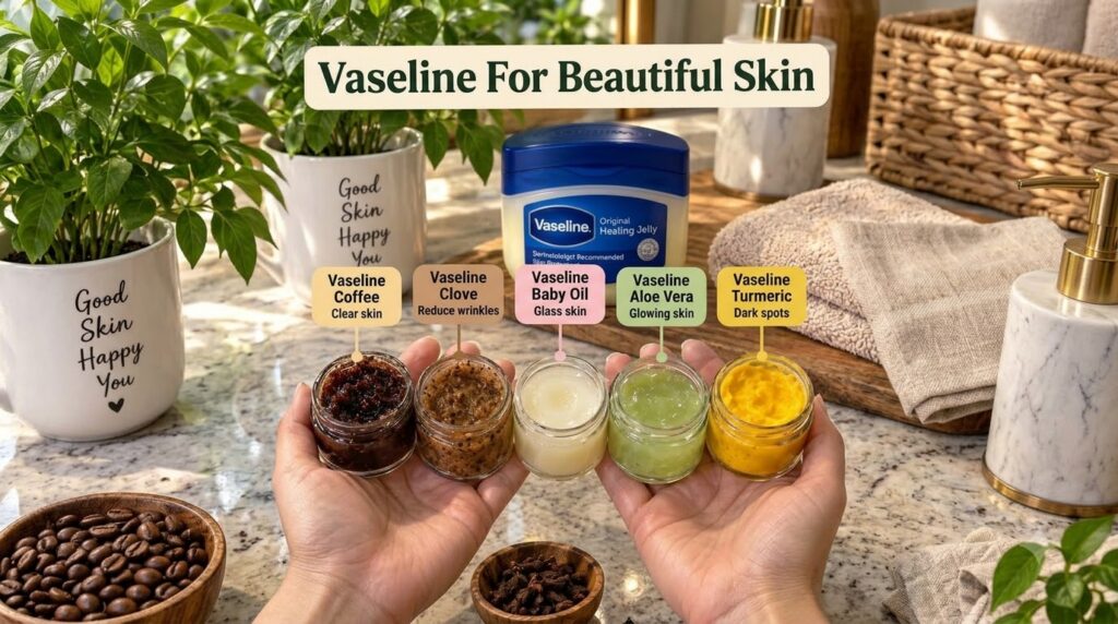 An overhead shot of a countertop with a large jar of Vaseline a green plant a Good Skin Happy You mug and two hands hold