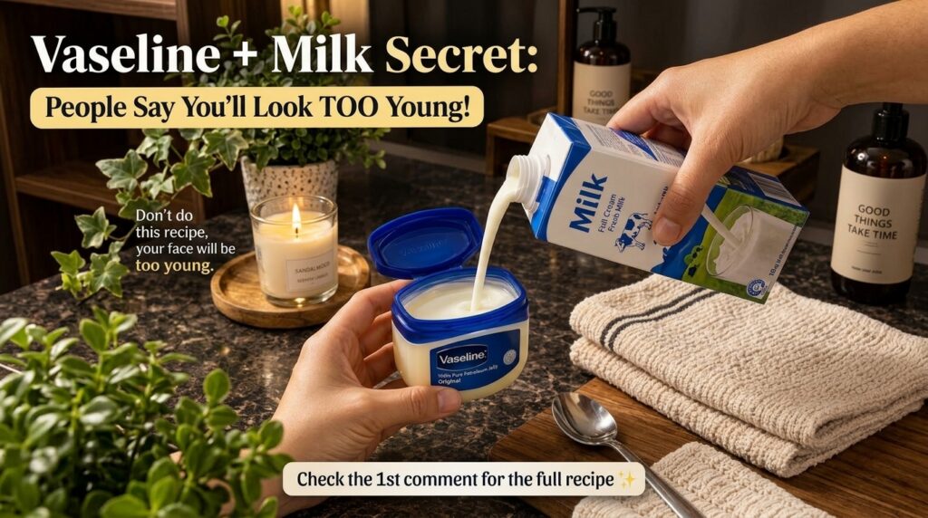 Hands pouring milk from a carton into an open jar of Vaseline