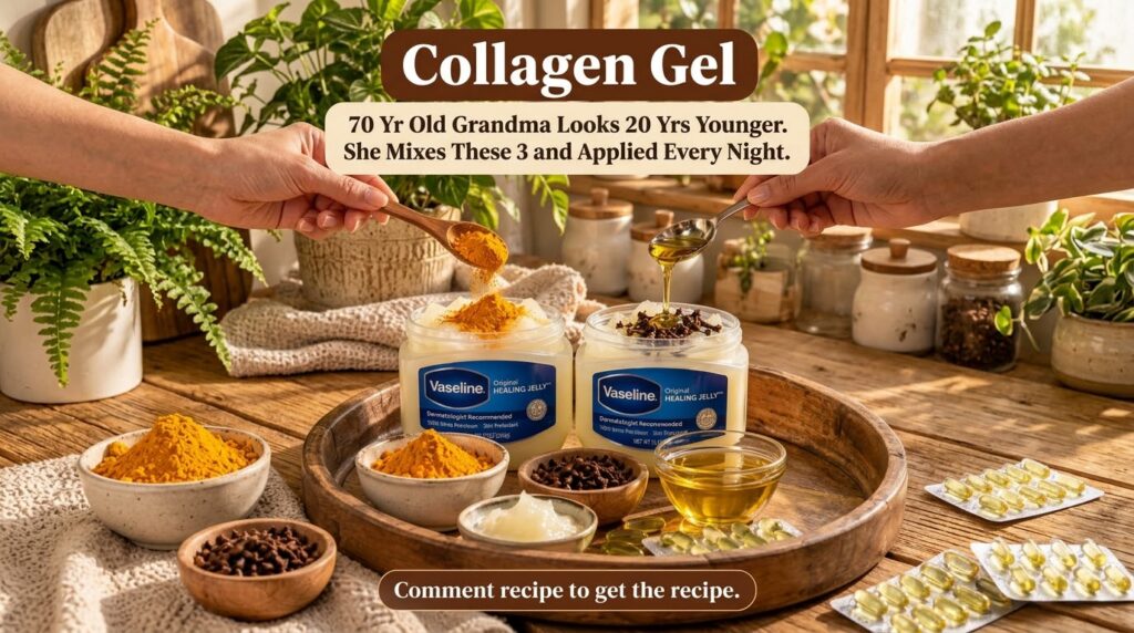 Hands mixing turmeric powder and golden oil with cloves into jars of Vaseline on a wooden tray with a blurred natural ba