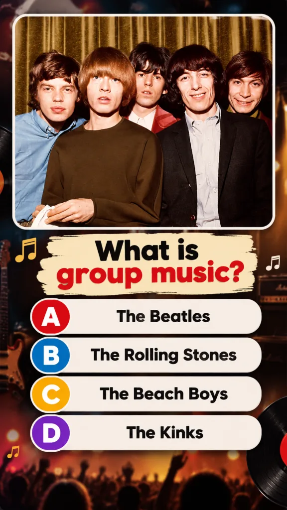 The Rolling Stones in their early career as depicted in the quiz image against a gold curtain backdrop Mick Jagger Brian