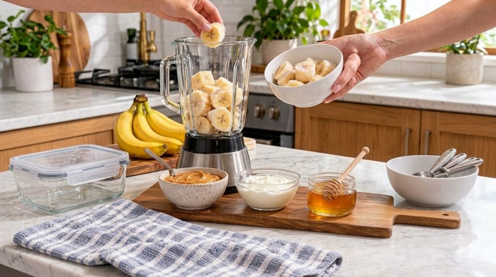 A bowl of creamy peanut butter banana ice cream topped with sliced bananas and a drizzle of peanut butter with a spoon d