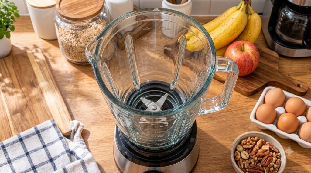 Overhead view of an empty glass blender jar surrounded by fresh and pantry ingredients like oats bananas an apple nuts a