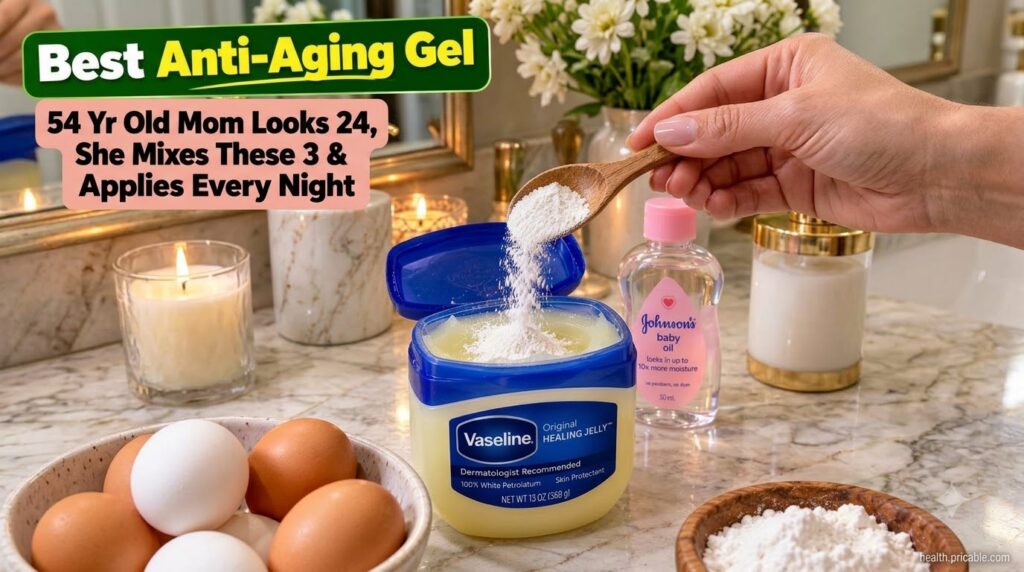 A hand pouring white powder from a wooden spoon into a tub of Vaseline with a bottle of baby oil in the background