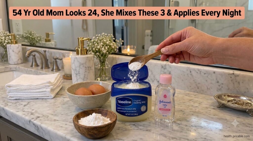 A hand mixing white powder into a tub of petroleum jelly Vaseline with a spoon on a clean marble surface with a bottle o