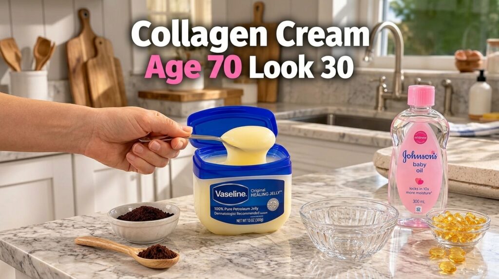Ingredients for a DIY beauty remedy featuring an open tub of Vaseline a bottle of baby oil and ground coffee in bowls ar