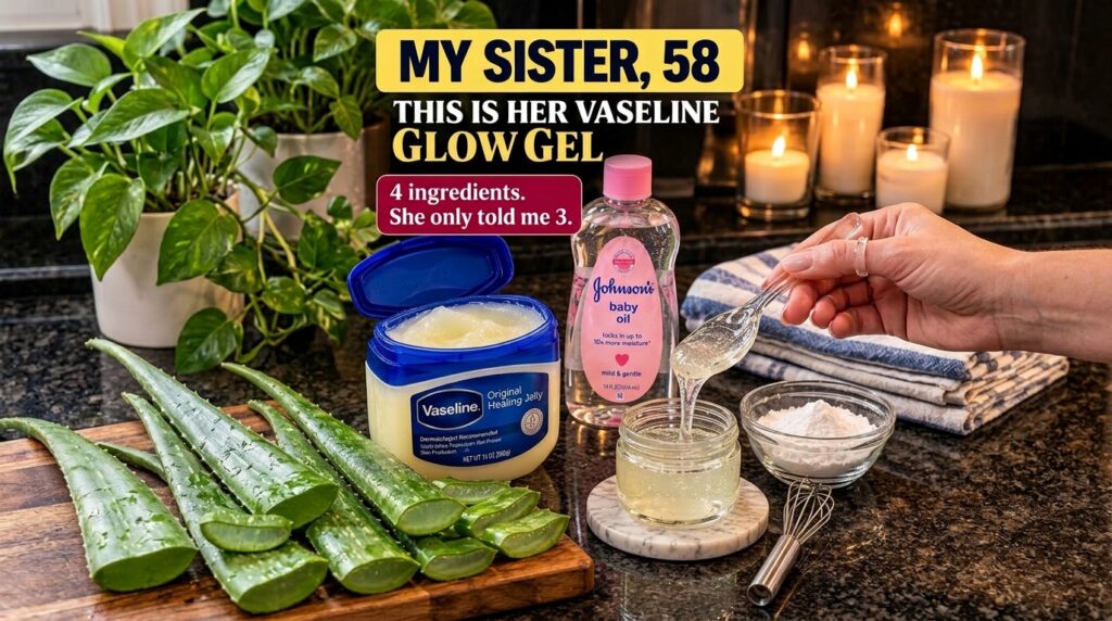 Ingredients for a homemade glow gel A tub of Vaseline a bottle of Johnson s baby oil and fresh aloe vera stalks on a cou