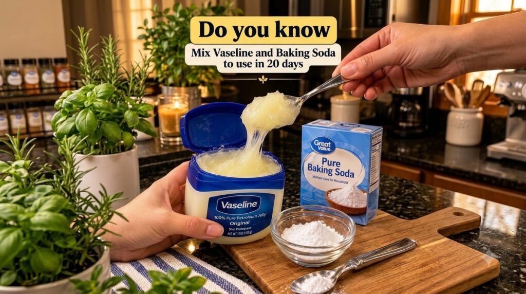 An open jar of Vaseline petroleum jelly with a spoon pulling a viscous strand of jelly upwards Alongside a box of baking
