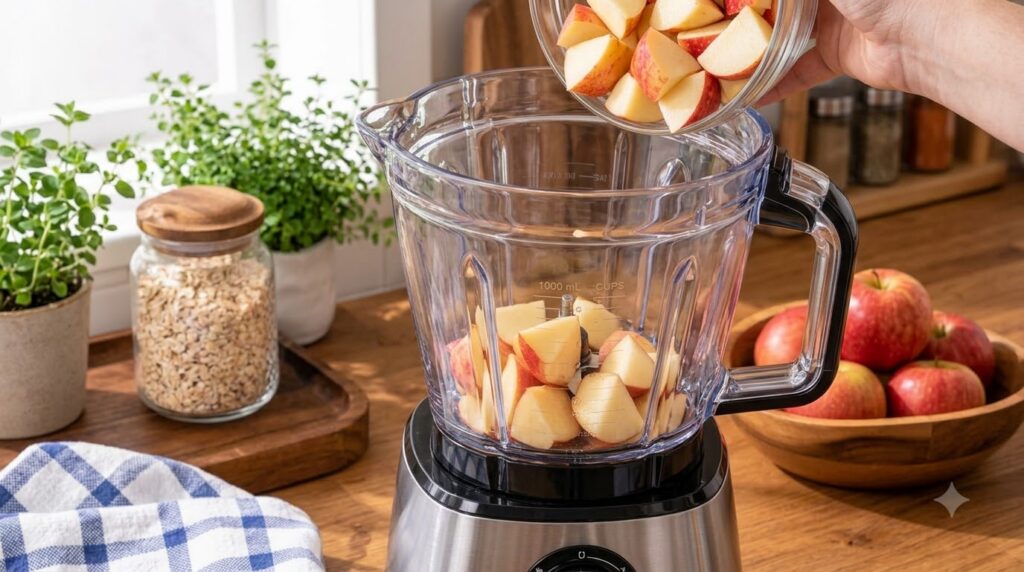 A hand pouring chopped red apples from a glass bowl into a blender on a wooden counter with oats and a plant in the back