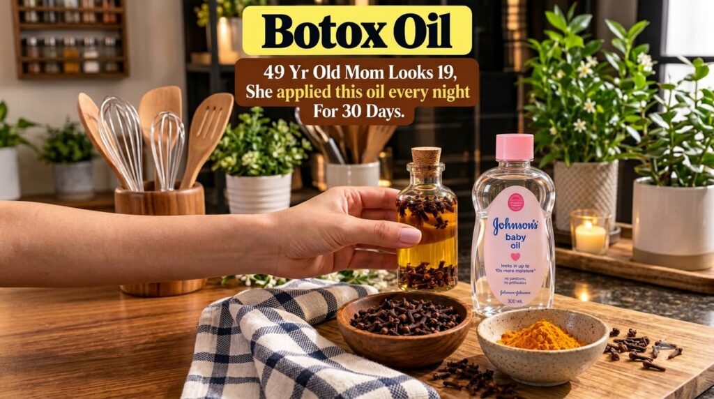 A hand holding a small bottle of oil infused with cloves next to a larger bottle of baby oil On a wooden surface there s