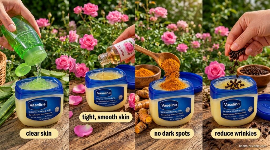 A split image showing hands adding aloe vera rose oil turmeric powder and cloves into separate small jars of Vaseline se
