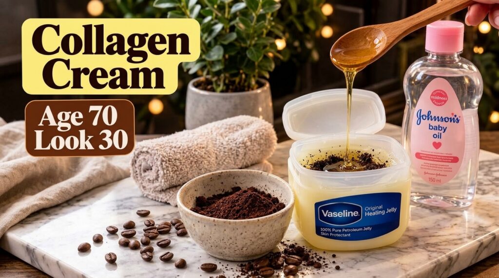 A spoonful of golden liquid being poured into a container of Vaseline mixed with coffee grounds with a bottle of baby oi