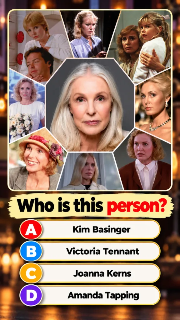 A collage image featuring actress Victoria Tennant A central hexagonal portrait of her with silver hair is surrounded by