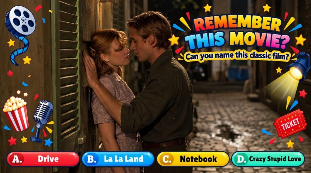 A vintage-style movie trivia quiz poster featuring a central framed image of a couple in a romantic embrace surrounded b