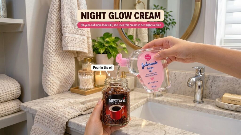 Hands pouring Johnson s baby oil into a jar of Nescafe Classic coffee grounds in a bathroom setting with a lit candle an